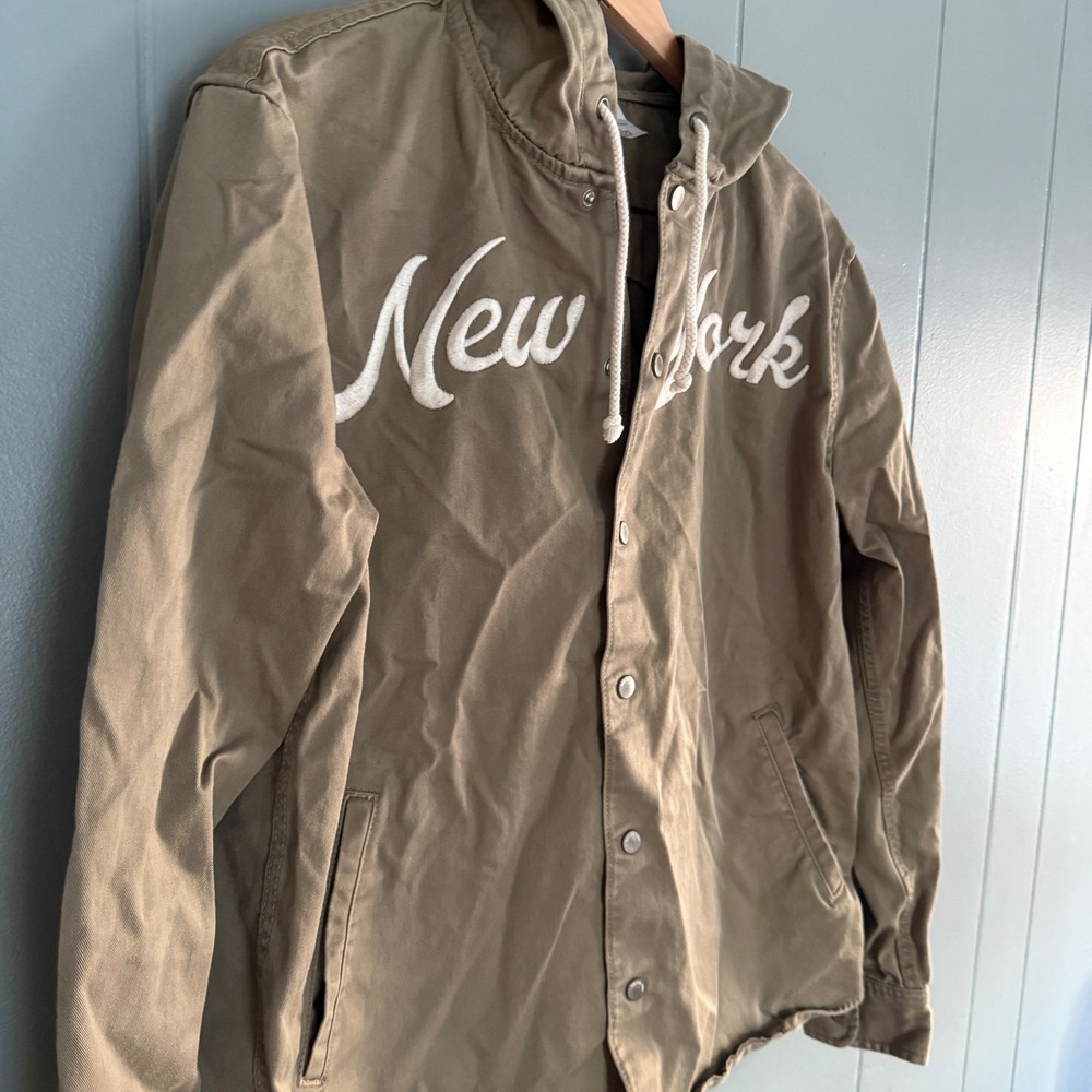 New York Embroidered Hooded Jacket Shacket Mens Large Khaki/Tan Modern Uniform - Picture 12 of 12